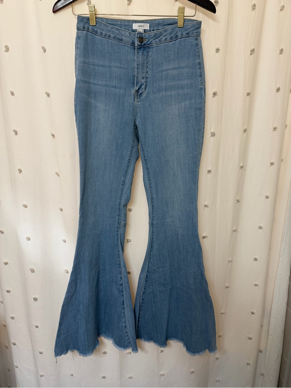 Forever 21 Light Blue High-Rise Bell Bottom Jeans with Raw Hem